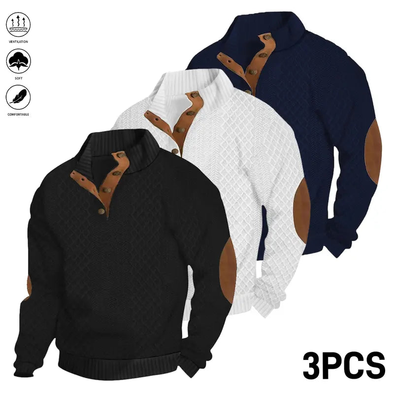 Men’s Jacquard Stand Collar Henley Sweatshirt Pack for Casual Streetwear Outfits