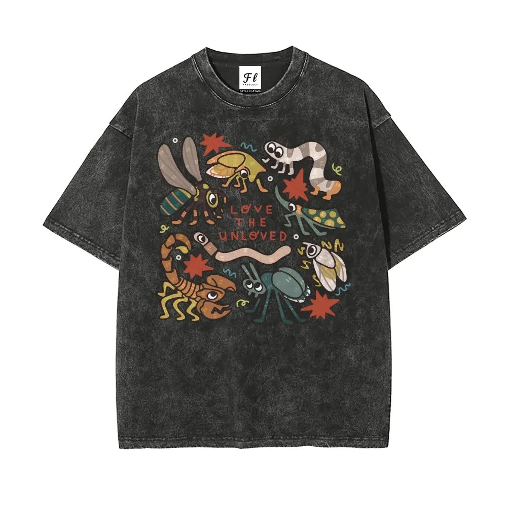 "Love The Unloved" Vintage Washed Insect Graphic Tee - Oversized Quirky Bug Lover Streetwear