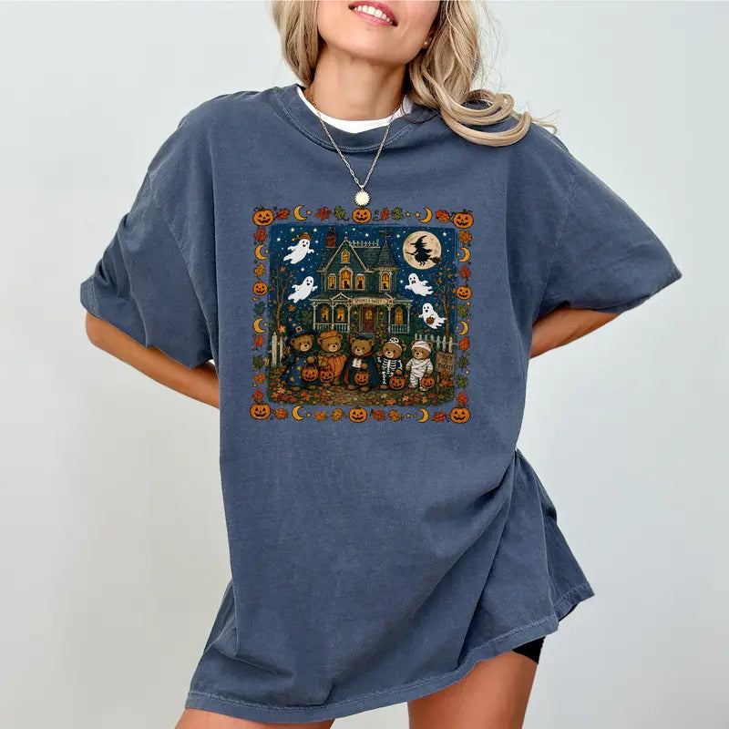 Vintage Halloween Bears Haunted House Graphic T-Shirt