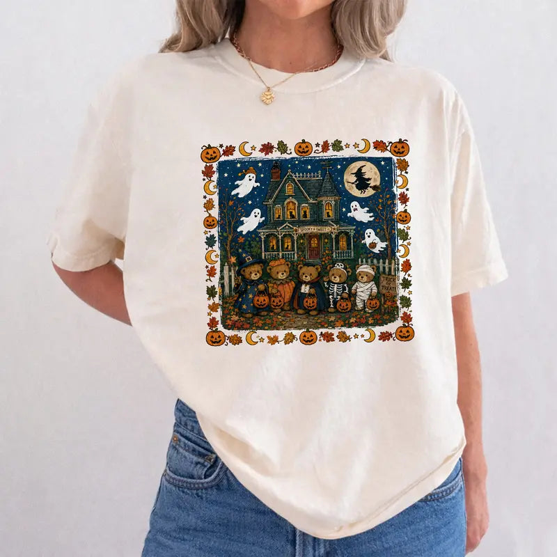 Vintage Halloween Bears Haunted House Graphic T-Shirt