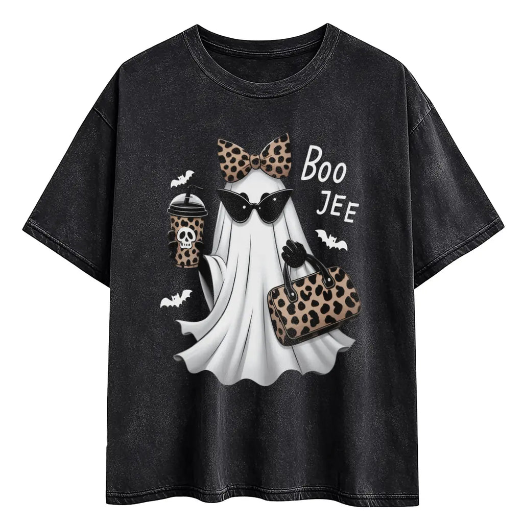 Boo Jee Ghost Graphic Tee with Coffee Theme for Cute Halloween Streetwear