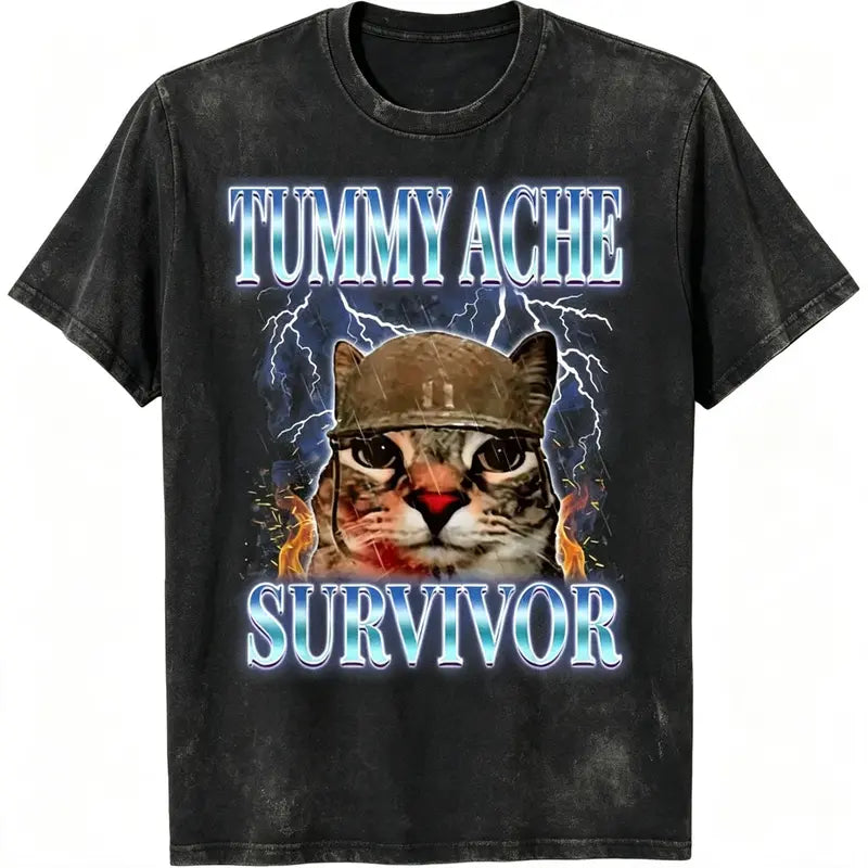 Funny Tummy Ache Survivor Cat Meme Tee for Pet Lovers and Humor Fans