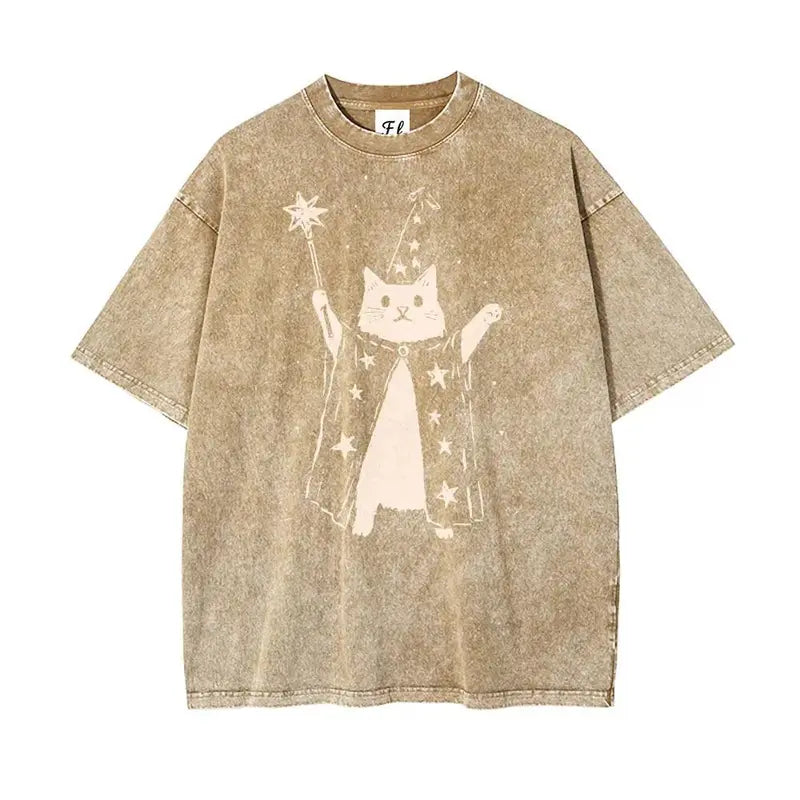 Vintage Wizard Cat Graphic T-Shirt for Magical Streetwear Lovers and Casual Everyday Style