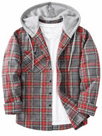 Men's Plus Size Checked Flannel Hooded Long Sleeve Shirt-Jacket - Button Front, Drawstring Hood, Pockets, Soft Casual Style Outerwear for Streetwear, Office Classic Outdoor