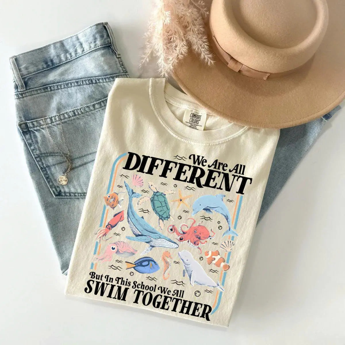 "We All Swim Together" Inclusive Ocean Teacher Tee - Vintage Comfort Colors Classroom Apparel