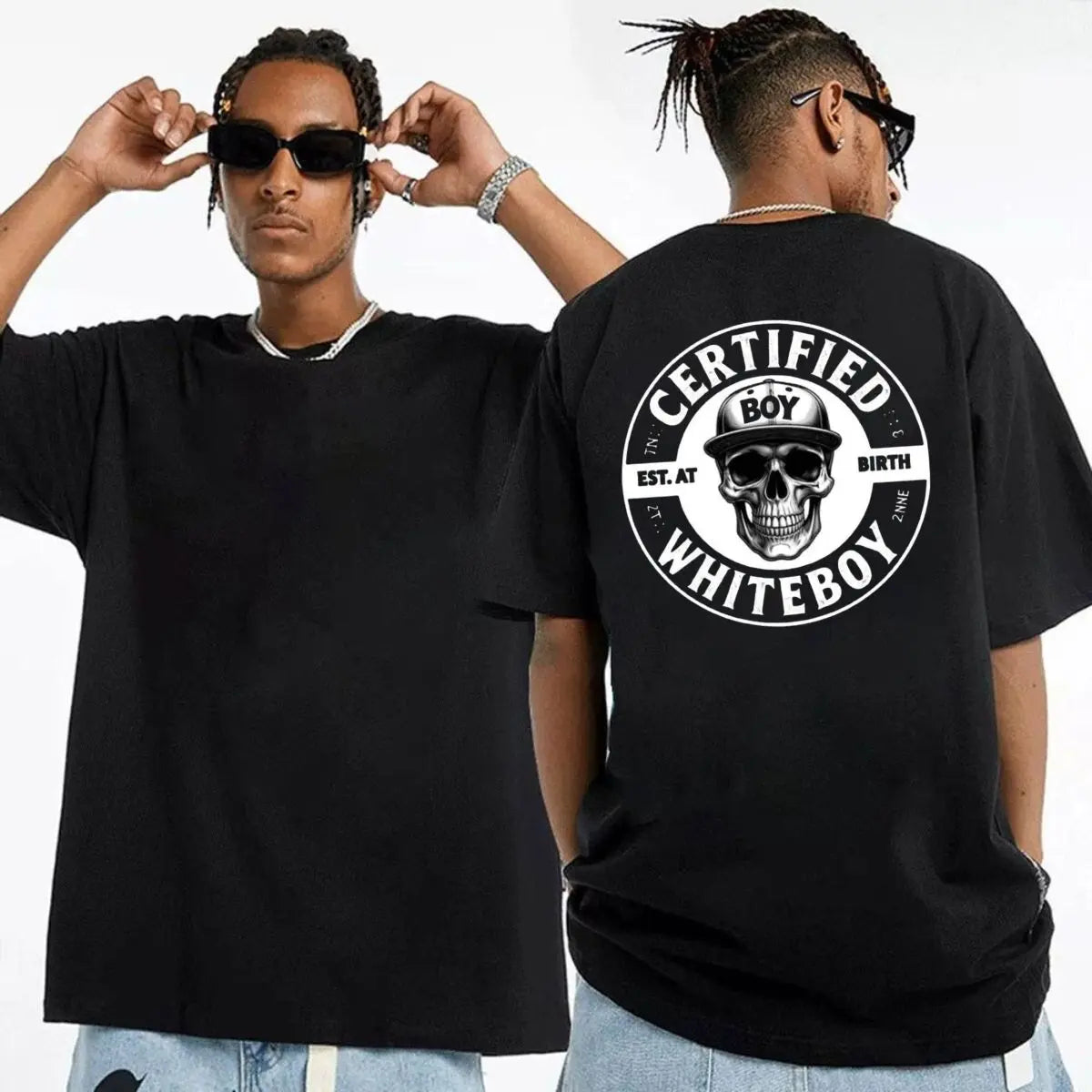 MadFits Black Certified Whiteboy Skull Tee Front and Back Model View