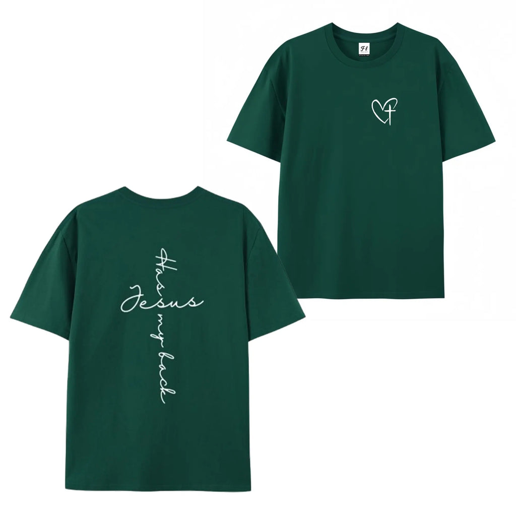 Faith Forward: "Jesus Has My Back" Minimalist Heart & Cross Graphic Tee