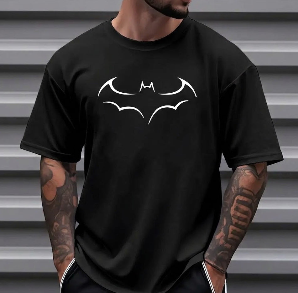 Gotham Vigilante: Minimalist Bat Outline Graphic Loose Cotton Tee