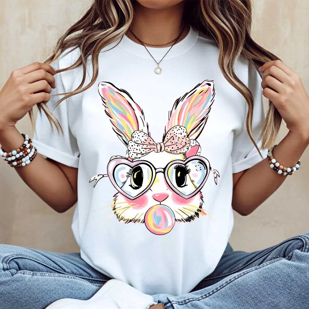 Sassy Pink Bubblegum Bunny Easter Tee - Whimsical Heart-Glasses Spring Holiday Graphic T-Shirt