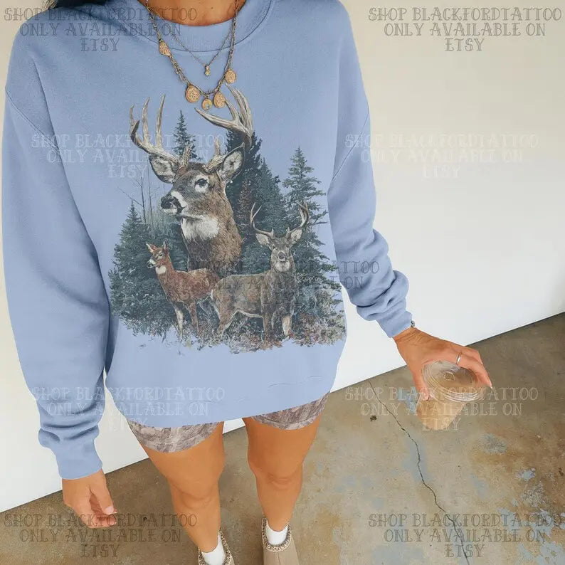 Vintage Deer Forest Sweatshirt for Midwest Hunting Season and Outdoor Style