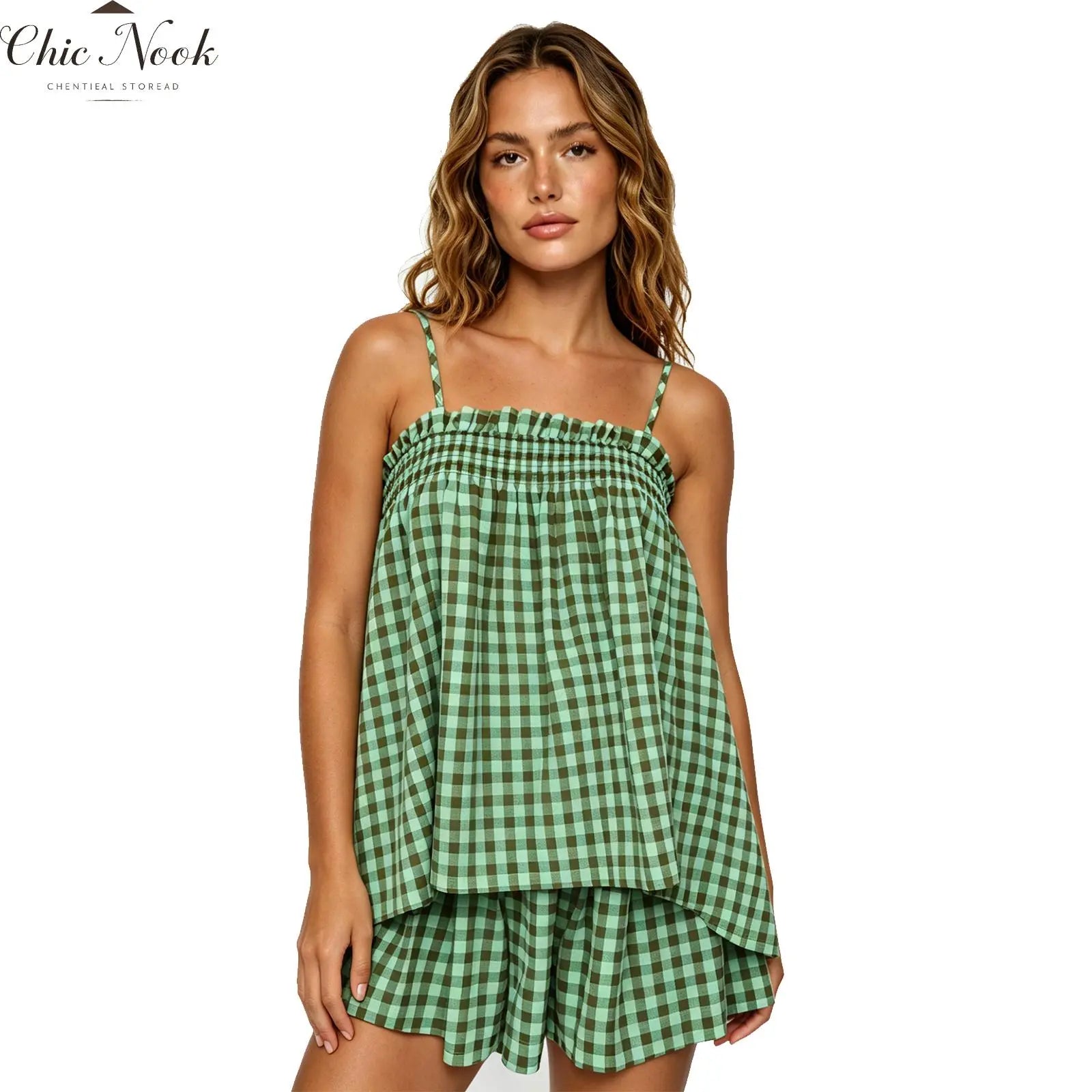Women's Plaid Gingham Lounge Outfits Ruffle Flowy Tank Tops and  Wide Leg Shorts Sets
