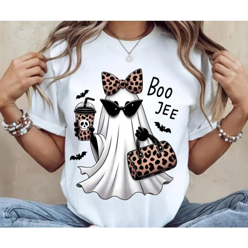 Boo Jee Ghost Graphic Tee with Coffee Theme for Cute Halloween Streetwear