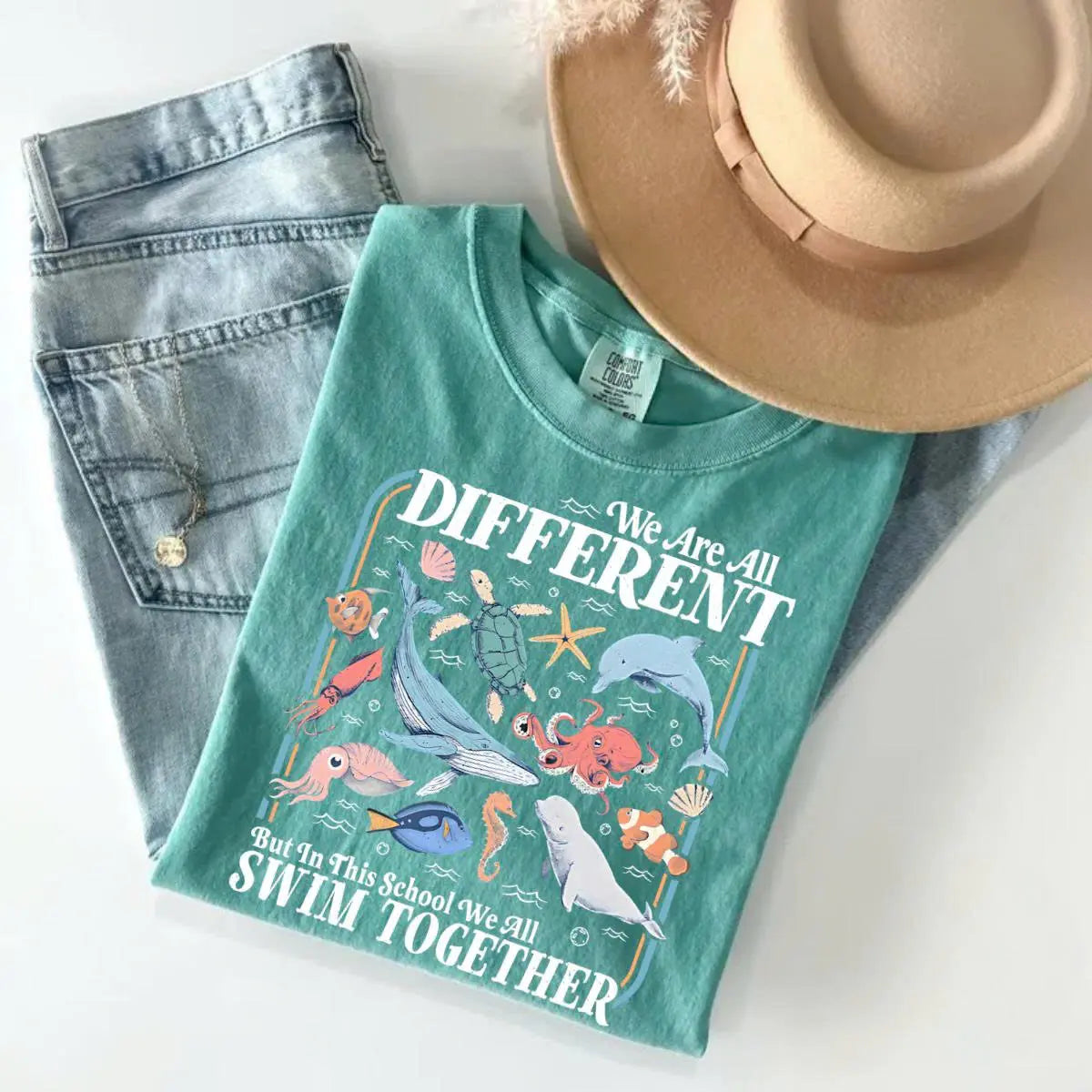 "We All Swim Together" Inclusive Ocean Teacher Tee - Vintage Comfort Colors Classroom Apparel
