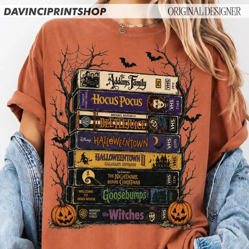 Vintage Spooky Movie VHS Stack Graphic T-Shirt for Halloween Fans