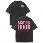 "The Real Motherhood" Acid Wash Graphic Tee - Retro Oversized Pink Statement Streetwear for Moms