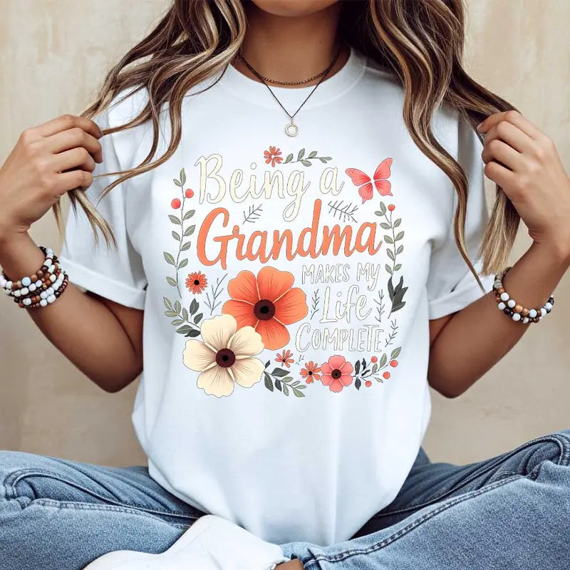 Elegant Floral "Grandma Makes Life Complete" Graphic Tee for Women