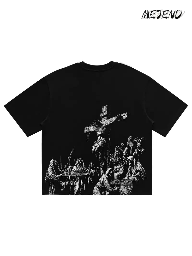 Vintage Jesus Graphic Oversized Tee with Gothic Religious Artwork for Streetwear Lovers