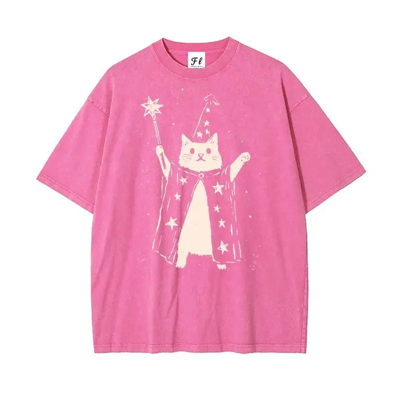 Vintage Wizard Cat Graphic T-Shirt for Magical Streetwear Lovers and Casual Everyday Style