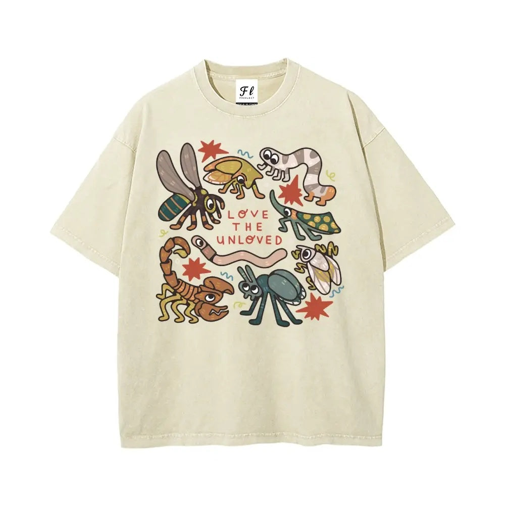 "Love The Unloved" Vintage Washed Insect Graphic Tee - Oversized Quirky Bug Lover Streetwear
