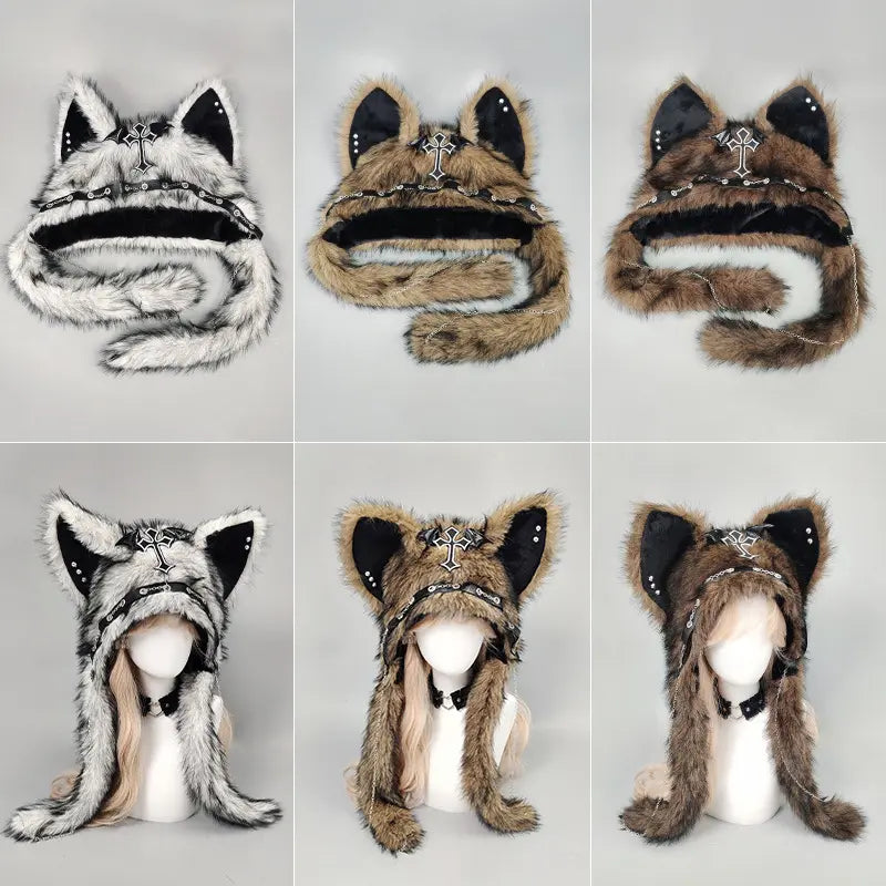 Y2K Gothic Fluffy Wolf Ear Trapper Hat for Punk Winter Cosplay Outfits