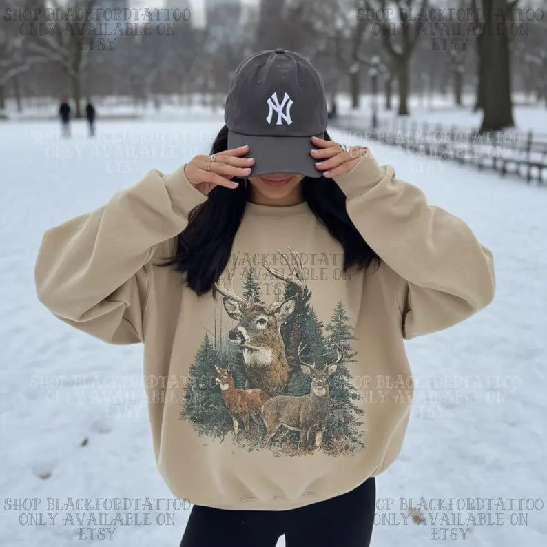 Vintage Deer Forest Sweatshirt for Midwest Hunting Season and Outdoor Style
