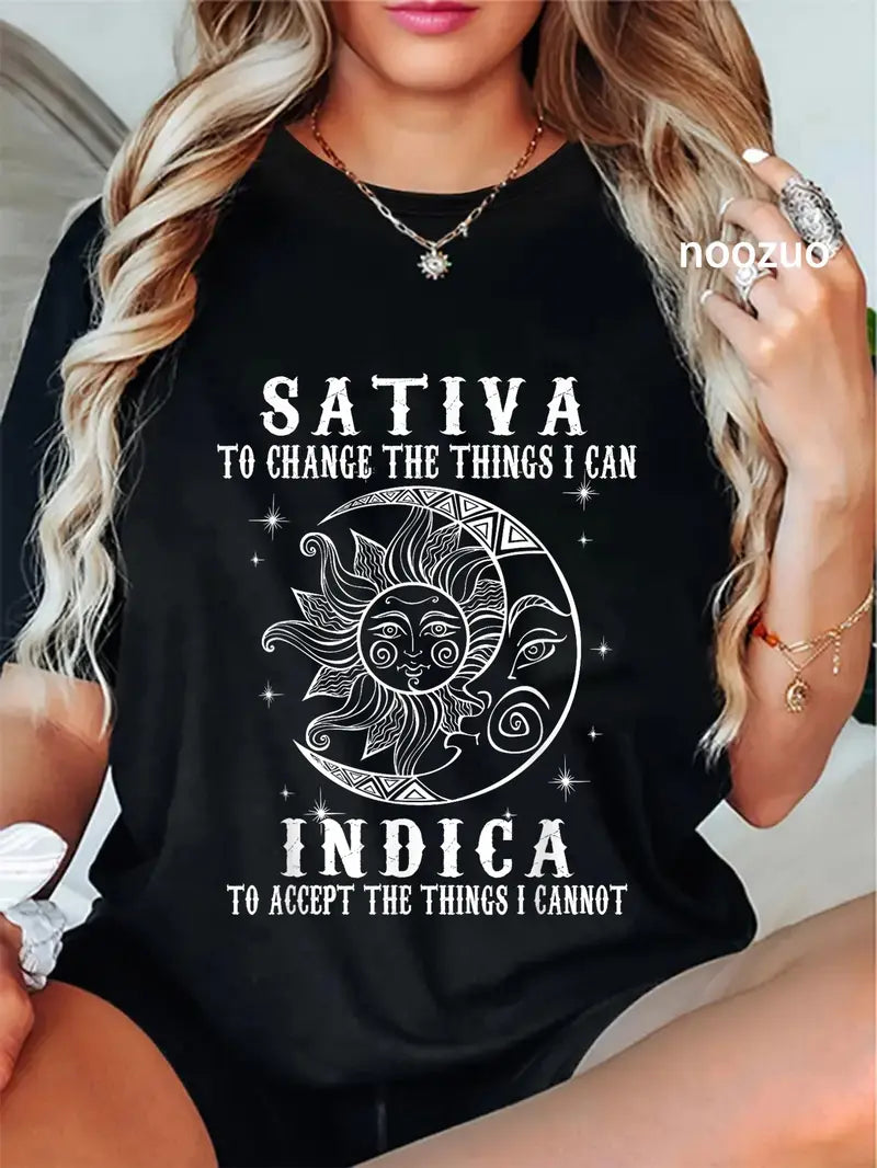 Cosmic Serenity: The Sativa & Indica Wisdom Celestial Sun Moon Tee