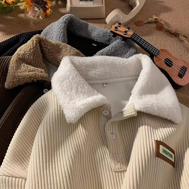 Corduroy Polo Collar Pullover Sweater for Cozy Winter Streetwear Outfits