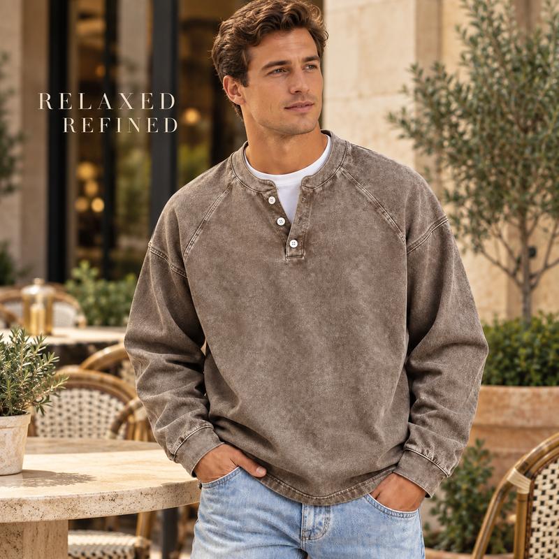 Men's Vintage Washed Henley Shirt with Long Sleeves and Relaxed Fit