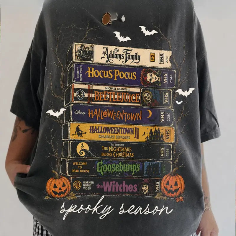 Vintage Spooky Movie VHS Stack Graphic T-Shirt for Halloween Fans