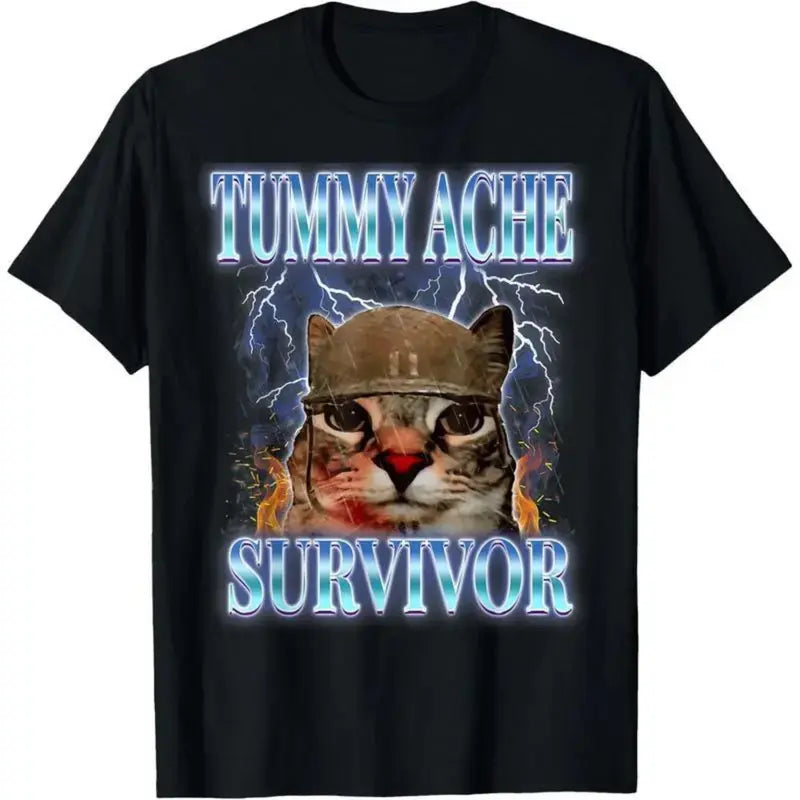 Funny Tummy Ache Survivor Cat Meme Tee for Pet Lovers and Humor Fans