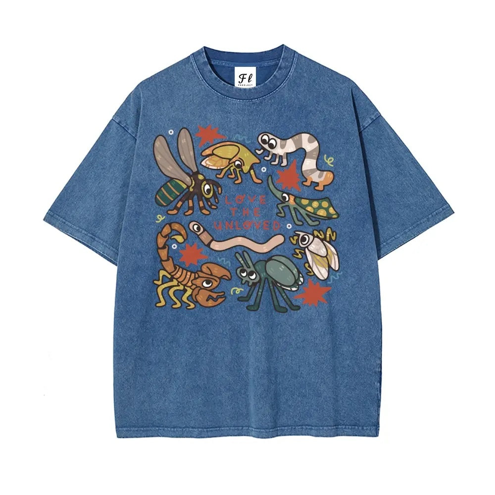"Love The Unloved" Vintage Washed Insect Graphic Tee - Oversized Quirky Bug Lover Streetwear