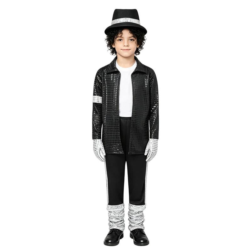 Meihuida Kids Pop Star Halloween Costume Set Black Sequin Jacket Trousers Hat Gloves 80s Retro Stage Outfit for Boys