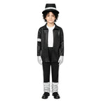 Meihuida Kids Pop Star Halloween Costume Set Black Sequin Jacket Trousers Hat Gloves 80s Retro Stage Outfit for Boys