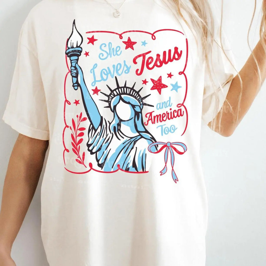 "She Loves Jesus & America Too" Vintage Patriotic Graphic Tee - Faith and Freedom 4th Of July Shirt