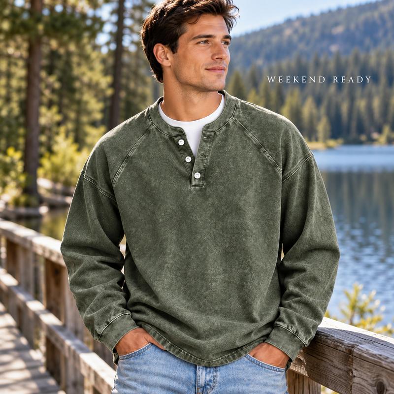 Men's Vintage Washed Henley Shirt with Long Sleeves and Relaxed Fit