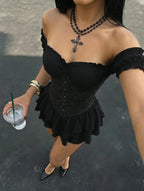 Off-Shoulder Gothic Corset Mini Dress with Ruffle Hem