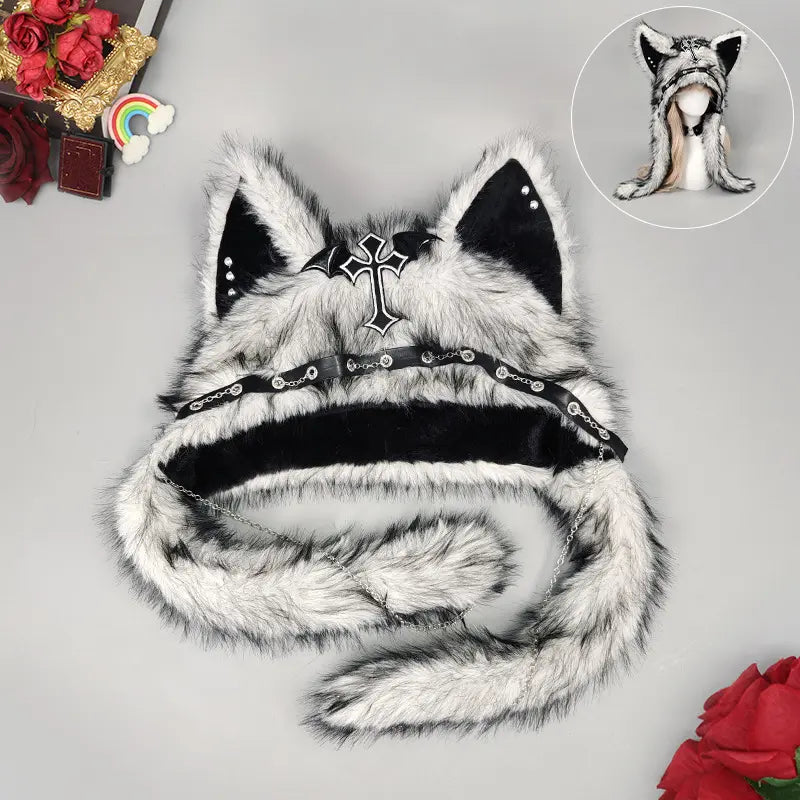 Y2K Gothic Fluffy Wolf Ear Trapper Hat for Punk Winter Cosplay Outfits