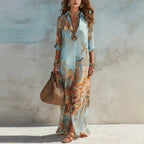 Women's V-Neck Maxi Featuring an Ethnic Printed Color Pattern, Belted Waist, Plussize Curvy Clothing, Lady, Casual Wear