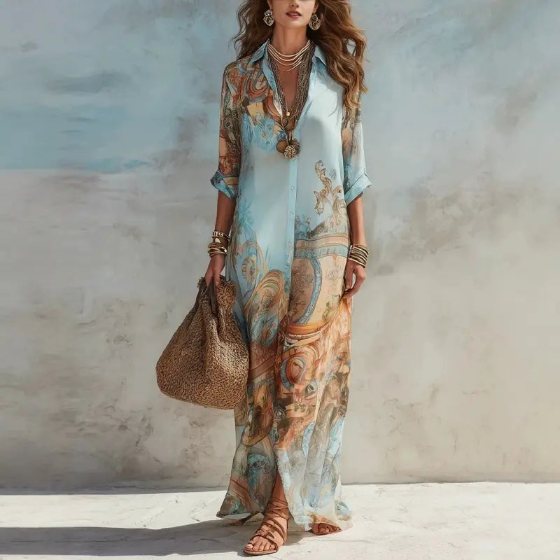 Women's V-Neck Maxi Featuring an Ethnic Printed Color Pattern, Belted Waist, Plussize Curvy Clothing, Lady, Casual Wear