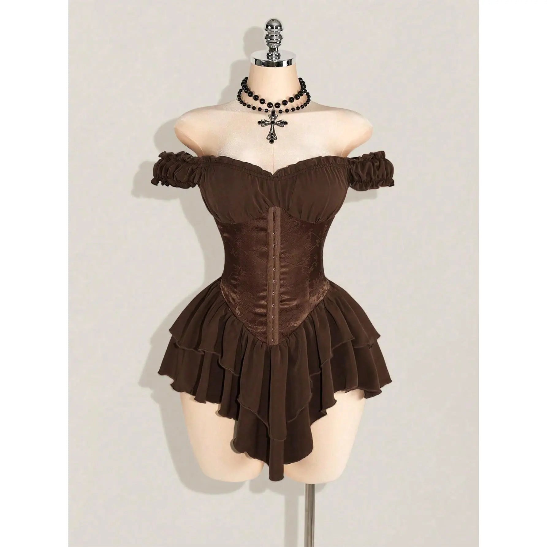Off-Shoulder Gothic Corset Mini Dress with Ruffle Hem