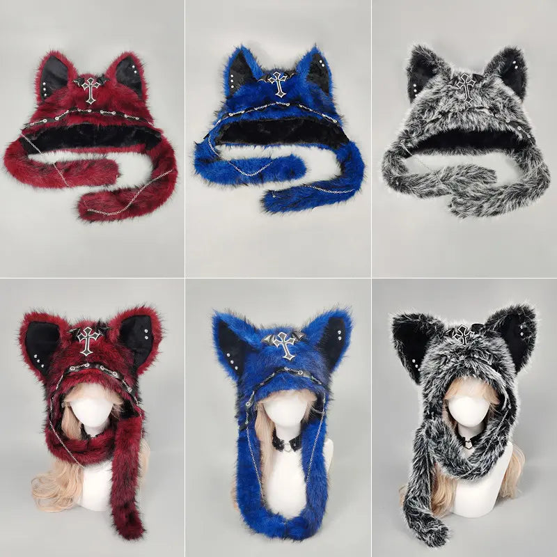 Y2K Gothic Fluffy Wolf Ear Trapper Hat for Punk Winter Cosplay Outfits