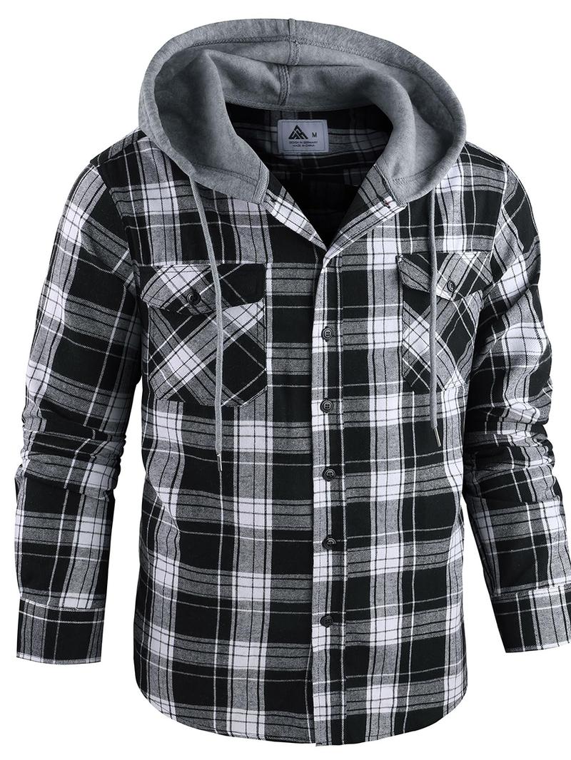 Men's Plus Size Checked Flannel Hooded Long Sleeve Shirt-Jacket - Button Front, Drawstring Hood, Pockets, Soft Casual Style Outerwear for Streetwear, Office Classic Outdoor