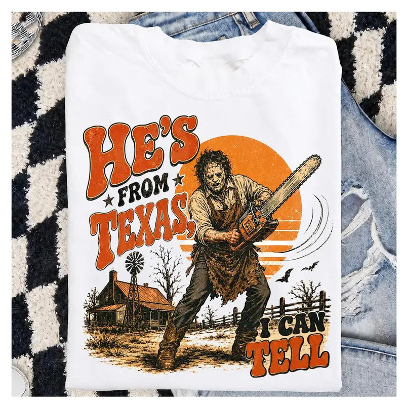 Texas Slasher Horror Graphic Tee for Spooky Season Movie Fan Outfits