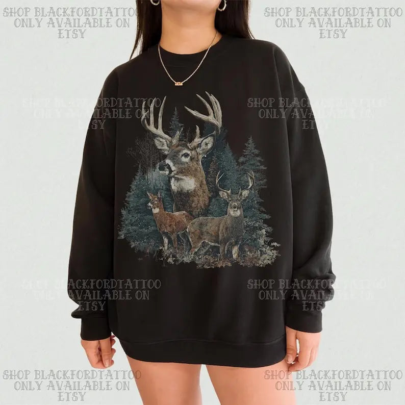 Vintage Deer Forest Sweatshirt for Midwest Hunting Season and Outdoor Style