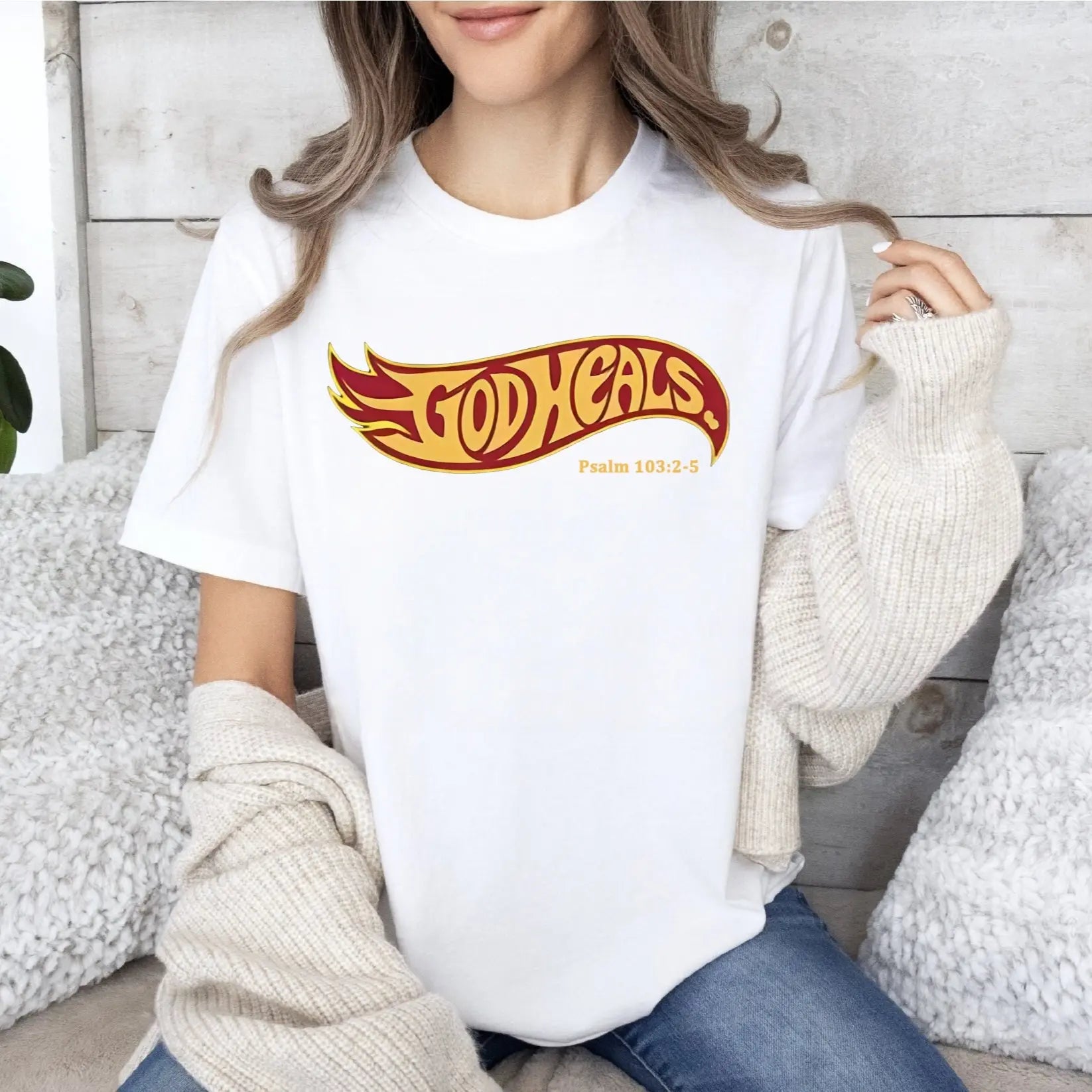 "God Heals" Retro Hot Wheels Style Christian Graphic Tee - Nostalgic Faith-Based Streetwear Shirt