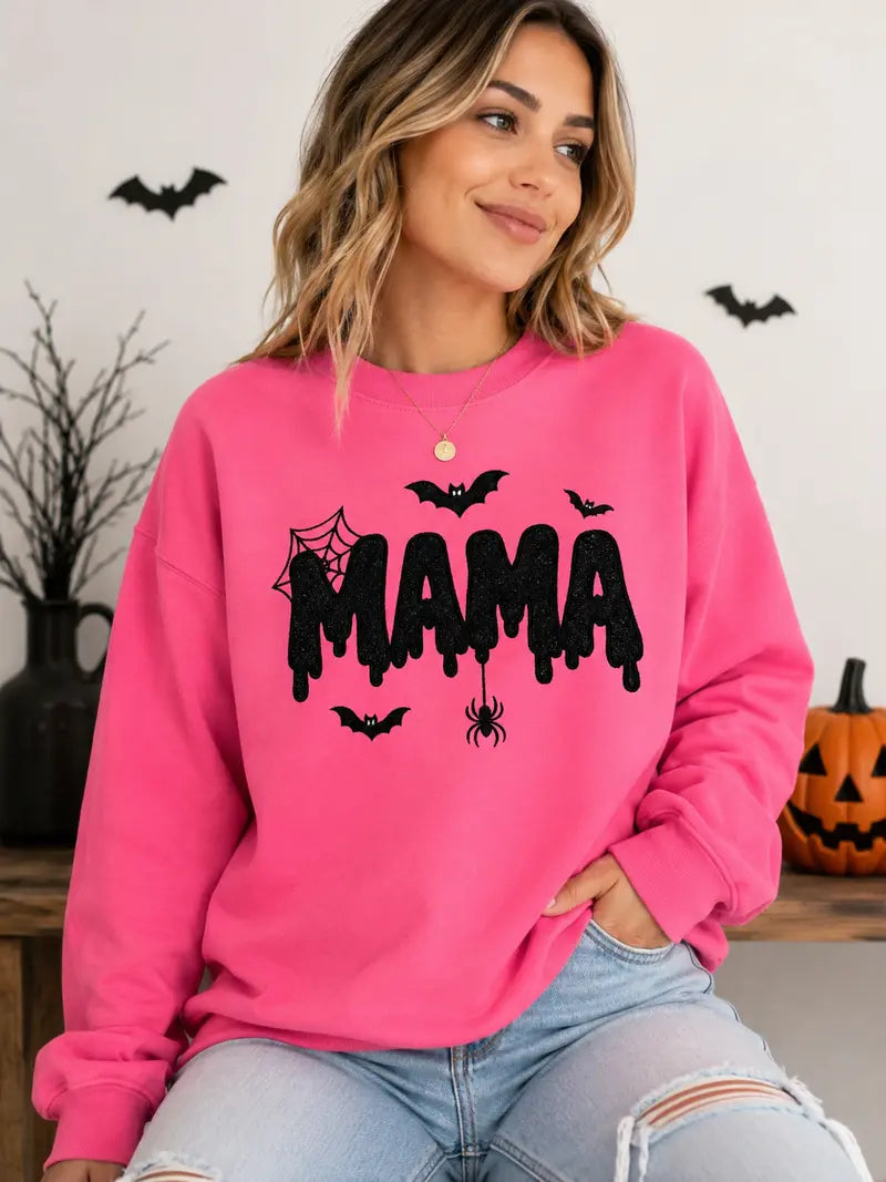 Halloween Mama Embroidered Sweatshirt Spooky Seasonal Graphic Pullover for Women