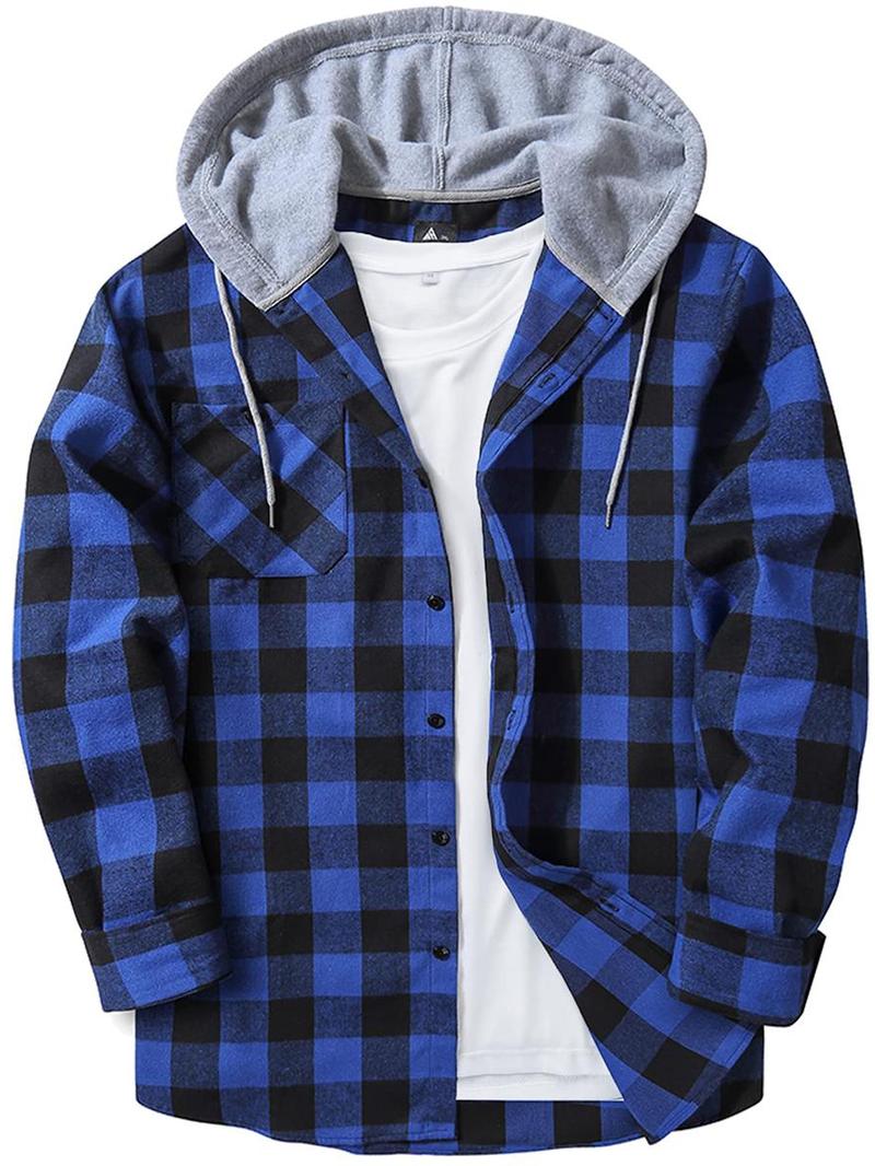 Men's Plus Size Checked Flannel Hooded Long Sleeve Shirt-Jacket - Button Front, Drawstring Hood, Pockets, Soft Casual Style Outerwear for Streetwear, Office Classic Outdoor