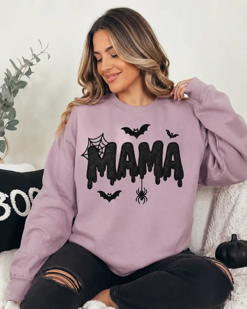 Halloween Mama Embroidered Sweatshirt Spooky Seasonal Graphic Pullover for Women