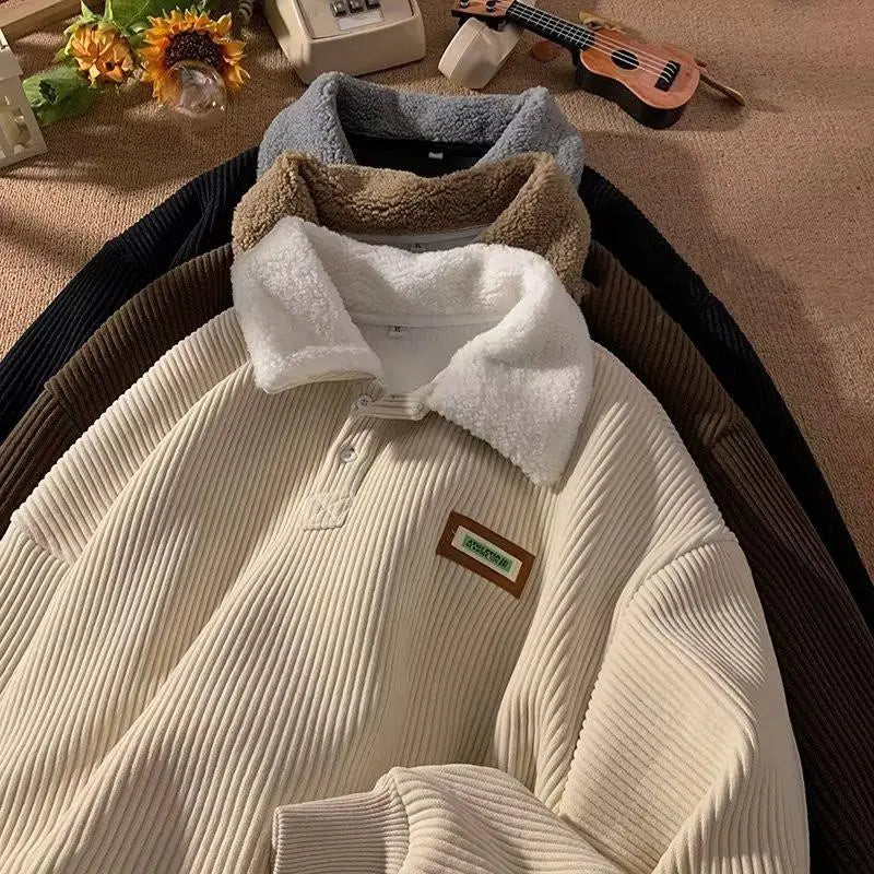 Corduroy Polo Collar Pullover Sweater for Cozy Winter Streetwear Outfits