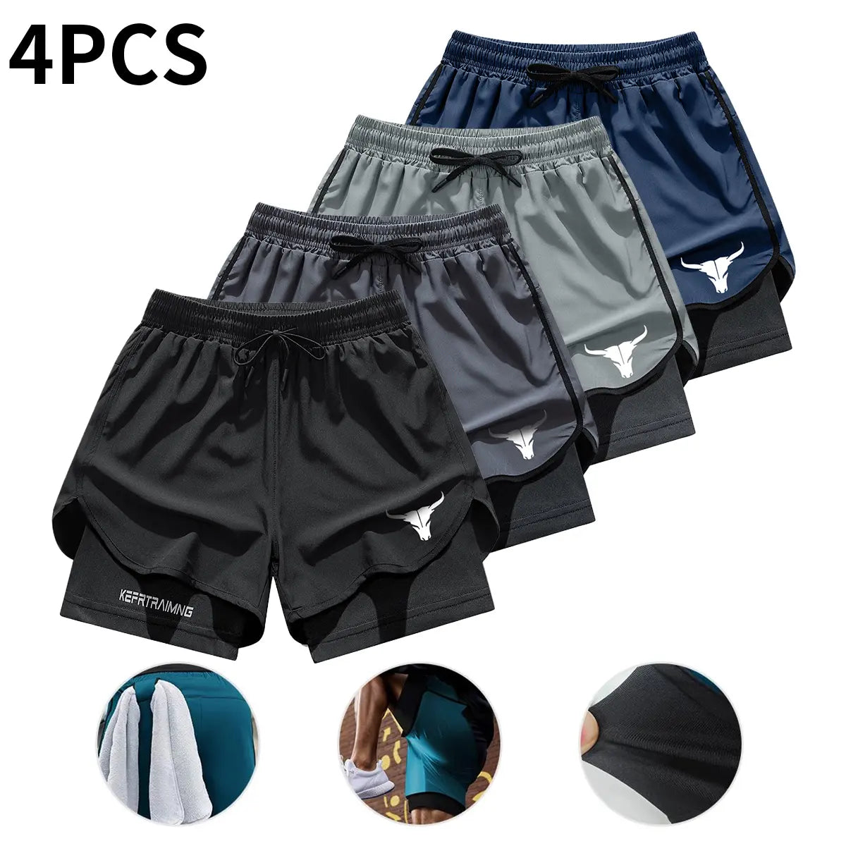 Men's 2-in-1 Quick Dry Training Shorts 4-Pack for Gym Workout and Outdoor Sports